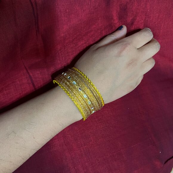 Gold and Yellow glitter Mirror Work Bangles Festive Indian Jewelry haldi - Picture 13 of 16